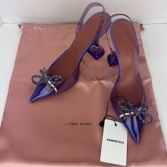 Amina Muaddi Rosie Crystal-Embellished Transparent Slingback Pumps. Size:37. NIB - Picture 3 of 17